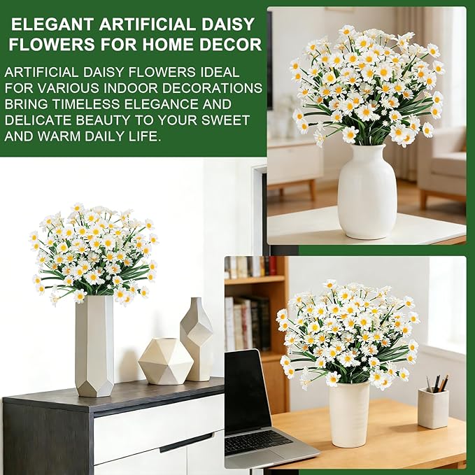 12 Bundles Artificial Daisy Flowers for Outdoors Summer Decor, UV Resistant Fake Flowers Faux Plastic Greenery Shrub Plants for Outside Home Gardens Porch Planter Indoor Spring Cemetery Décor(White)