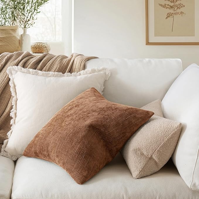 MIULEE Pack of 2 Decorative Throw Pillow Covers Soft Chenille Throw Pillows Solid Neutral Farmhouse Textured Cushion Covers Morden Home Decor for Couch Sofa Bedroom Living Room 22x22 Inch,Pecan Brown
