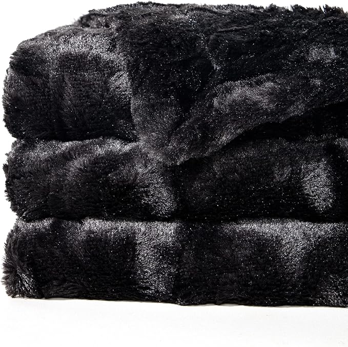 TOONOW Faux Fur Luxury Throw Blanket,Double Side Soft Fluffy Shaggy Fuzzy Blanket for Couch Sofa Bed (Black, Throw)