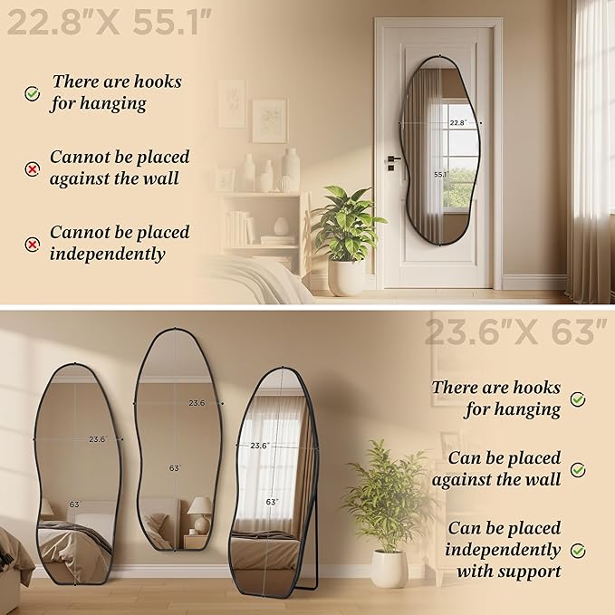 Mirror Full Length - Irregular Full Body Mirror Standing or Leaning or Wall Hanging 63"x 24" Asymmetrical Aviation Aluminum Alloy Frame Unique for Bedroom, Living Room, Cloakroom, Entryway