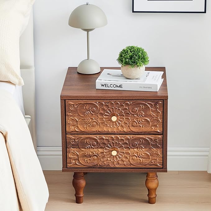 Nightstand, Farmhouse Bedside Table with 2 Drawers and Metal Handles, Wood Sofa Side Table End Table Accent Dresser for Bedroom, Living Room (Walnut-2 Packs) (15.75 x 16.02 x 18.15 Inch)
