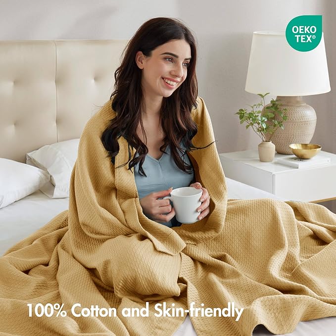 Madison Park 100% Egyptian Cotton Lightweight Summer Blanket, Breathable Waffle Knit Design, Soft Cozy All-Season Throw for Bed, Couch or Sofa, Mustard Full/Queen Size (90"x90")