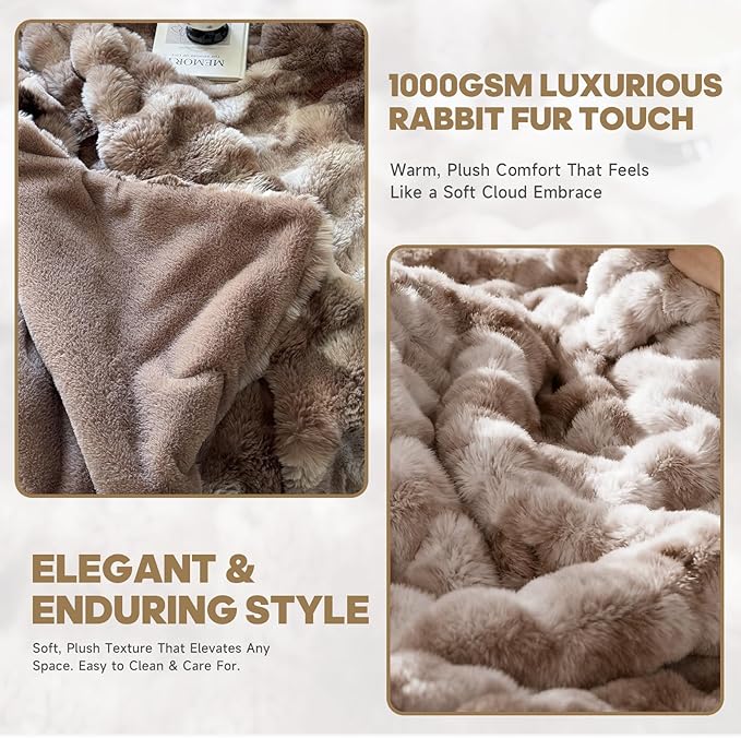 Luxury 1000GSM Faux Rabbit Fur Throw Blanket, Tie-Dye Brown, Ultra Soft Plush 3D Bubble Design, Reversible Mink Brown Blanket for Couch, Sofa, Bed & Living Room, 50"x60", Gift for Women & Family