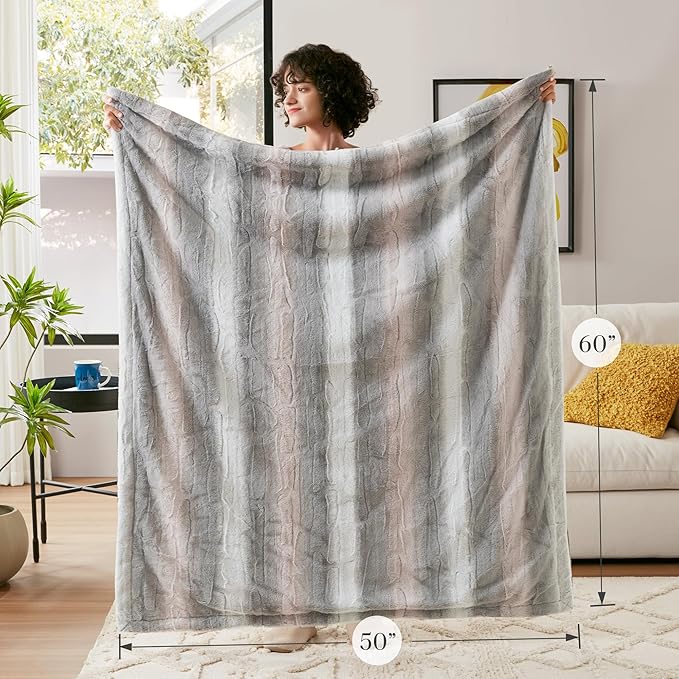 Madison Park Zuri Soft Plush Luxury Oversized Faux Fur Throw Animal Stripes Design, Faux Mink On The Reverse, Modern All Seasons Blanket for Bed, Sofa Couch, Office, Blush/Grey, 60x70