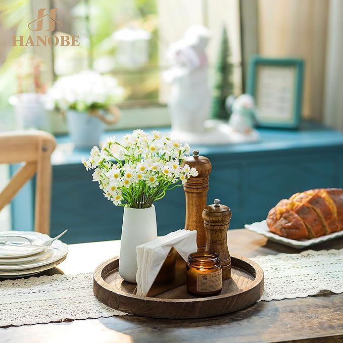 Hanobe Candle Plate Holder Tray: Decorative Wooden Tray Rustic Round Plate Farmhouse Centerpiece Small Candle Holder Trays for Coffee Table Living Room Kitchen Vintage Home Decor