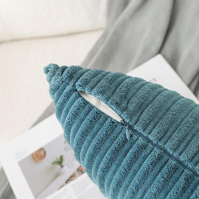 UGASA 12x24 Inch Pillow Cover Pack of 1 Soft Boho Stripe Corduroy Long Rectangle Lumbar Cushion Case Farmhouse Decorative Throw Pilowcase for Bed, Couch, Sofa, Bedroom, Living Room, Blue Grey