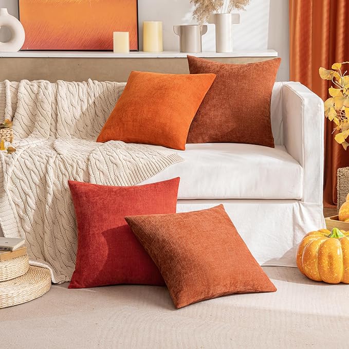 MIULEE Pack of 2 Decorative Throw Pillow Covers Soft Chenille Throw Pillows Solid Textured Euro Cushion Covers for Couch Sofa Bedroom Living Room 22x22 Inch, Dark Rust