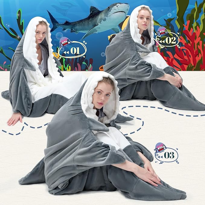 Touchat Shark Blanket for Adult Super Soft Cozy Flannel Throw Wearable Blanket, Cartoon Animals Shark Onesie Hoodie, Sleeping Bag Cosplay Shark Costume Blanket Gifts for Shark Lovers (Grey, M)