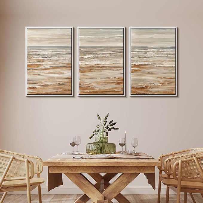 MUDECOR Framed Wall Art Print Set Neutral Coastal Seascape Minimalist Ocean Waves and Sandy Shore Illustrations Modern Art Boho Decorative for Living Room, Bedroom, Office - 24"x36"x3 WHITE