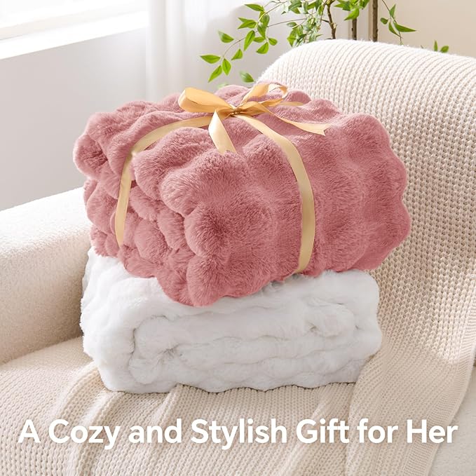 BEDELITE Faux Fur Pink Throw Blanket, Soft Cozy Plush Bubble Blanket for Couch Sofa Bedroom Living Room Decor - 870GSM Thick Warm Fuzzy Fluffy Faux Rabbit Fur Blanket for Women Gift, 60x80 Inches