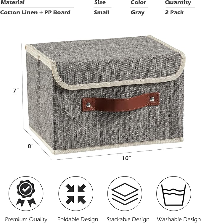 2PCS Storage Boxes with Lid Cotton Linen Fabric Storage Bins Organizer Container Decorative Collapsible Washable Shelf Closet Baskets Faux Leather Handles Home Bedroom (Gray, Small Size)