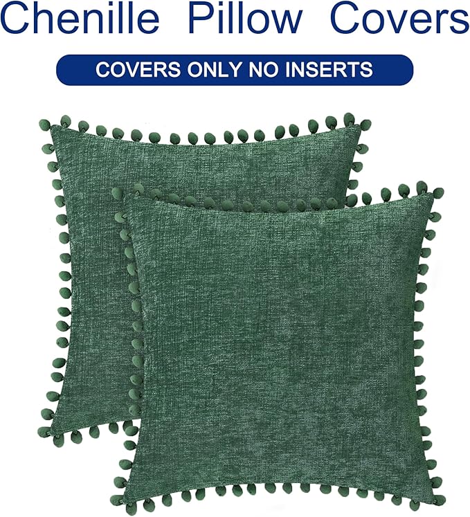 CaliTime Christmas Throw Pillow Covers Decorative 18 X 18 Inches Pack of 2 Cozy Solid Dyed Soft Chenille Cushion Cases with Pom Poms for Couch Sofa Bed Living Room Home Dark Green