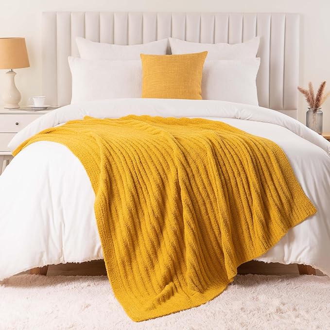 BATTILO Fluffy Soft Yellow Throw Blanket, Fuzzy Plush Mustard Knit Throw Blankets, Warm Lightweight Cozy Blanket for Couch, Bed, Sofa, Home Decor, 50"x60"
