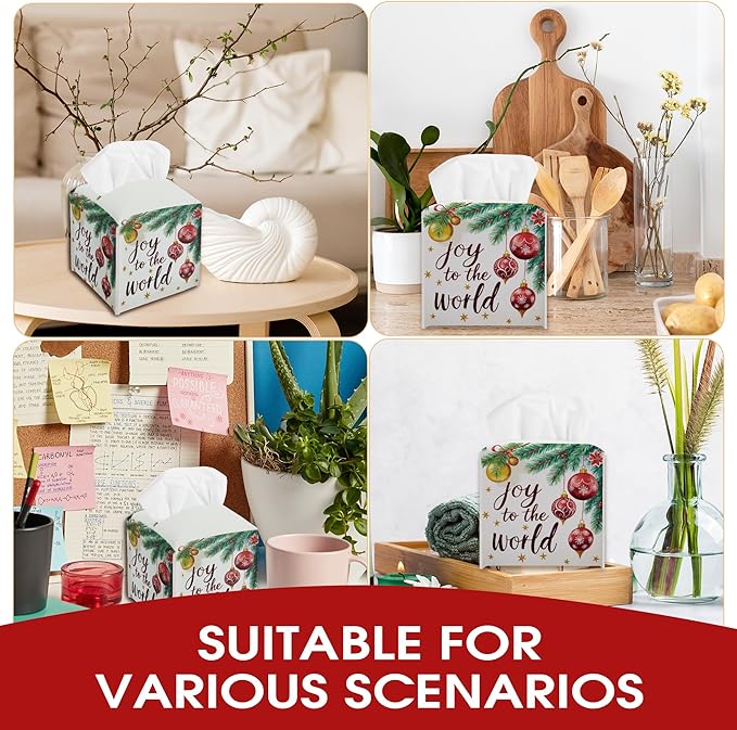 Christmas Balls Tissue Box Cover Holder, Winter Tissue Box Cover Square, Xmas Gift Ideas for Family Friends, Joy to The World Christmas Decor for Bathroom Kitchen Car Office(5.2 Inches)-B04
