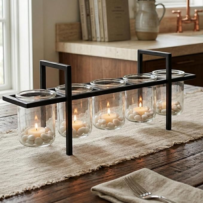 Seraphic 5-Cup Rustic Modern Floating Candle Holder Table Centerpiece Decoration for Dining Room, Kitchen, Patio, Weddings, Metal Iron with Glass Cups, 16" Long