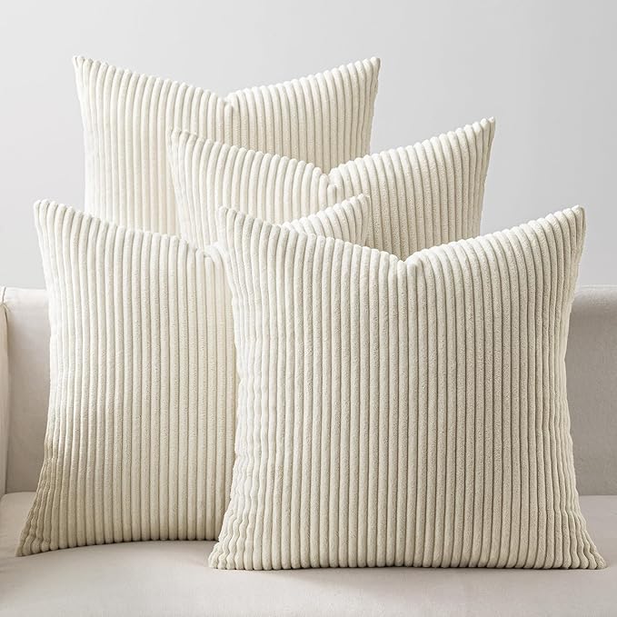 EMEMA Beige Decorative Throw Pillow Covers 20x20 Inch Set of 4 Boho Farmhouse Corduroy Striped Square Pillow Case,Western Modern Cushion Covers for Couch Bed Livingroom Home Decor