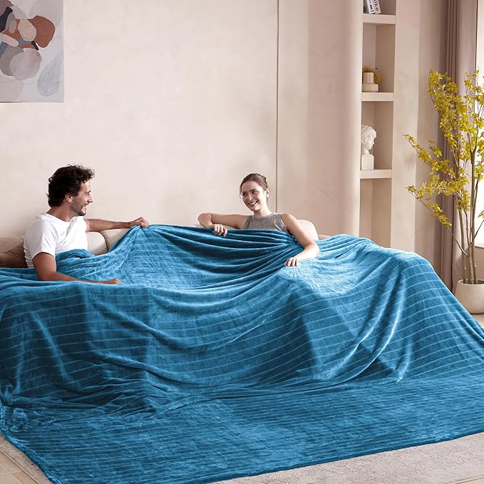 Extra Large 120x120 Inch Giant Soft Cozy Fleece Blanket, Huge Oversized Seamless King 3D Jacquard Decorative California King Blanket for Bed, Couch, Travel - Striped Teal