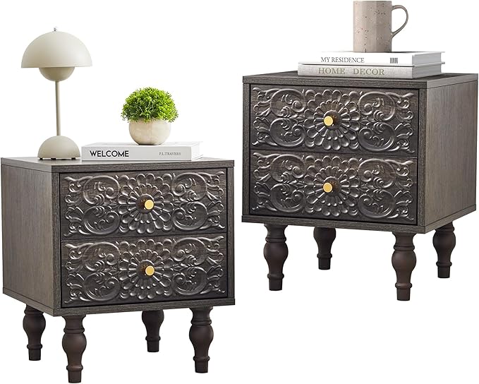 Nightstand, Farmhouse Bedside Table with 2 Drawers and Metal Handles, Wood Sofa Side End Table Accent Dresser for Bedroom, Living Room (Black Brown-2 Packs) (15.75 x 16.02 x 18.15 Inch)
