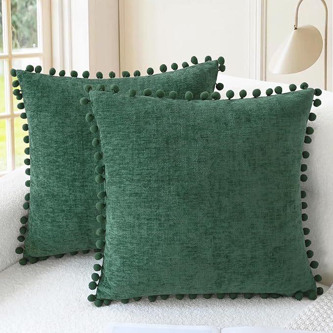 CaliTime Christmas Throw Pillow Covers Decorative 18 X 18 Inches Pack of 2 Cozy Solid Dyed Soft Chenille Cushion Cases with Pom Poms for Couch Sofa Bed Living Room Home Dark Green