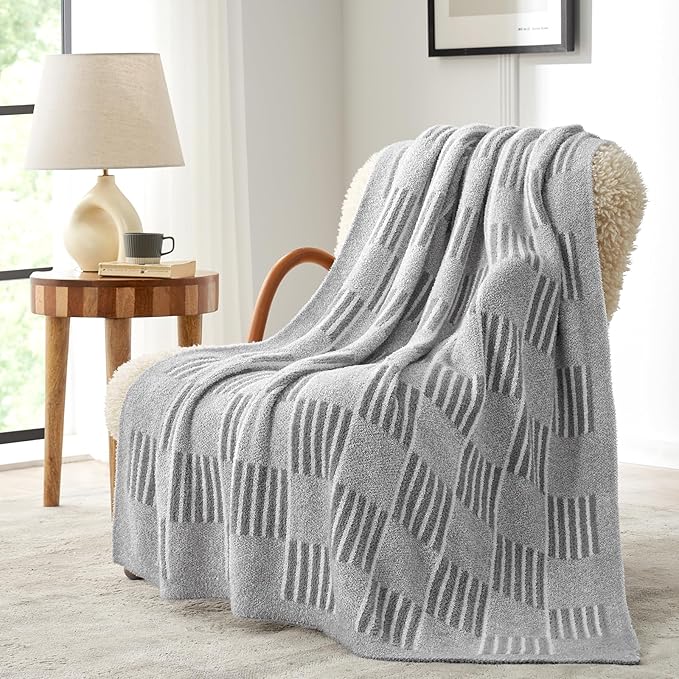 Snuggle Sac Checkered Throw Blanket for Couch,Reversible Soft Cozy Fluffy Blankets for Sofa Bedroom,Cute Lightweight Striped Throws for Women,Heather Light Grey,60x80 inches
