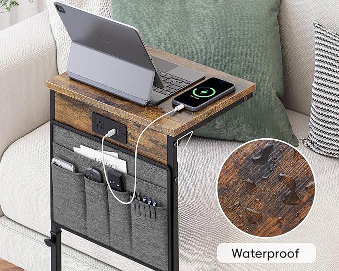 Vagusicc C Shaped End Table with Charging Station, 33" Tall Side Table for Couch, Sofa Table Adjustable Height Side Table C Table, Slide Under Couch Table TV Tray Table for Living Room, Bedroom, Brown
