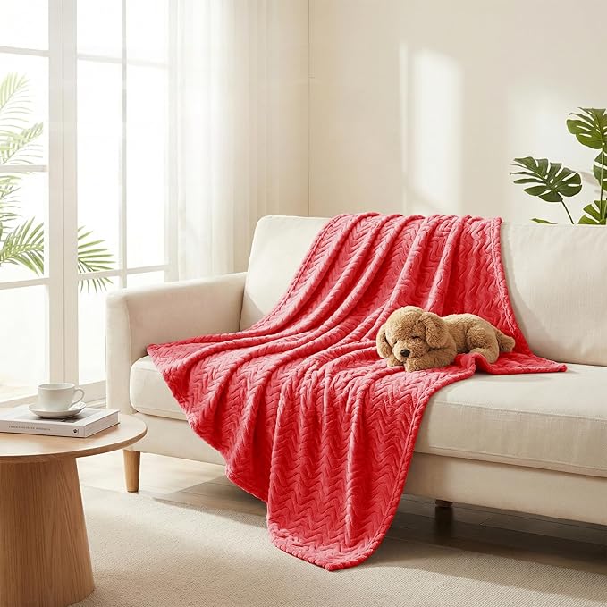 Exclusivo Mezcla Soft Fleece Throw Blanket for Couch, Cozy Lightweight Blankets with Decorative Wave Textured Suitable for All Season Use, Red, 50x70 Inches