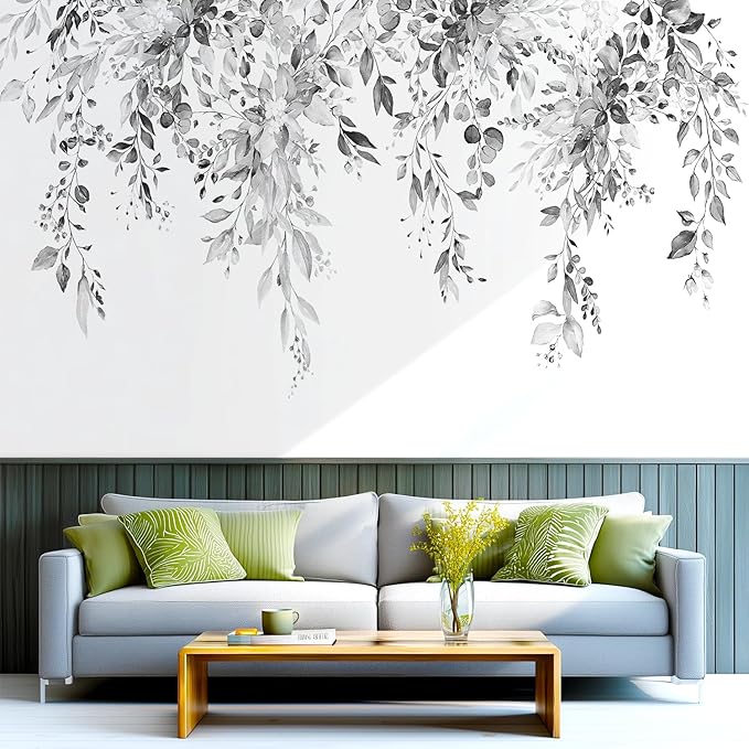 Gray Plants Leaves Wall Decals Peel and Stick, Large Floral Flowers Vinyl Wall Stickers, Removable Vine Home Decor Art for Bedroom Living Room Classroom Office