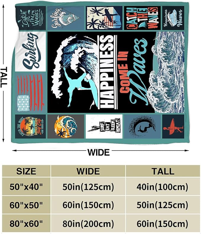 Surfing Blanket Surfing Surfboard Throw Blankets Decor Stuff Cozy Flannel Fleece Soft Plush Fuzzy Warm Lightweight Bedding Ocean Lovers Gifts for Women Girls Kids 60"X50"