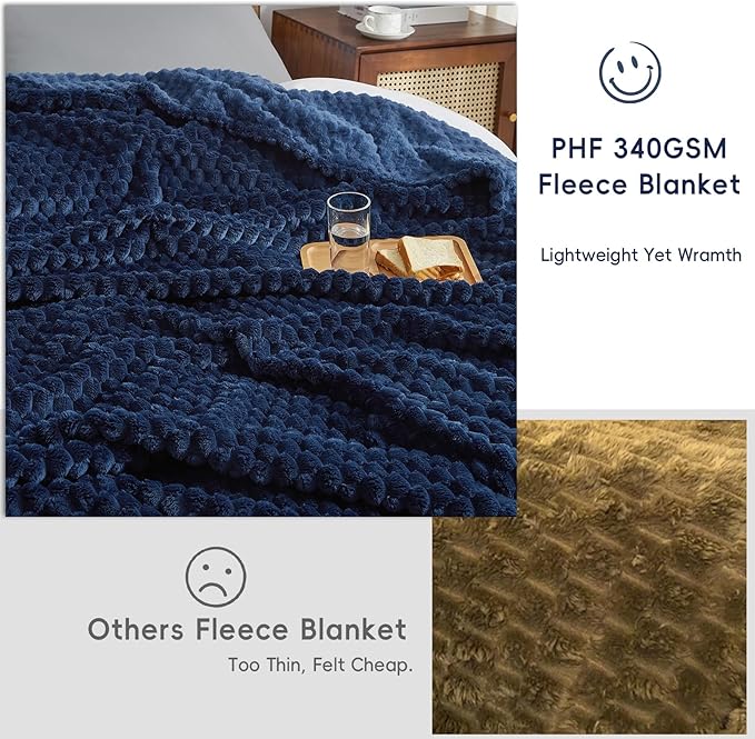 PHF Ultra Soft Flannel Fleece Blanket King Size, Lightweight 3D Jacquard Fleece Blanket, No Shedding, No Pilling, Luxury 340GSM Aesthetic Fluffy Cozy for Bed Room Decor, 108"x90", Navy Blue
