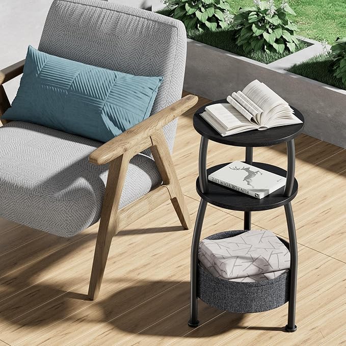 Small Round Side Table for Living Room with Storage Basket –Small Space Saving End Table 3-Tier Accent Nightstand Couch Corner Table for Sofa, Bedroom, Patio and More 24in Tall Classic Black