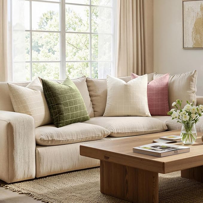 MIULEE Decorative Chenille Check Throw Pillow Covers Vintage Plaid Couch Pillows 20x20 Inch Set of 2 Neutral Boho Farmhouse Cushion Covers Modern Home Decor for Sofa Bed Living Room Olive Green