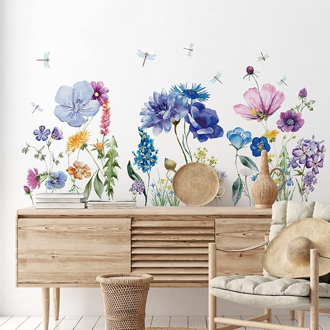 Zonon 6 Pcs Flowers Wall Decals Stickers Vinyl Removable Peel and Stick Colorful Dragonflies Floral Wall Murals Decor for Bedroom Living Room Nursery(Beautiful)