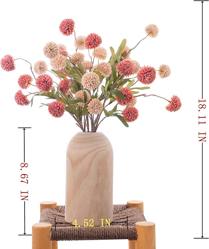 LUEUR Artificial Fall Flowers with Wooden Vase – Long Stem Mums Beige & Pink Chrysanthemum Pom Pom Floral Arrangement Centerpiece Table Decorations for Thanksgiving Dining Farmhouse Table Decor