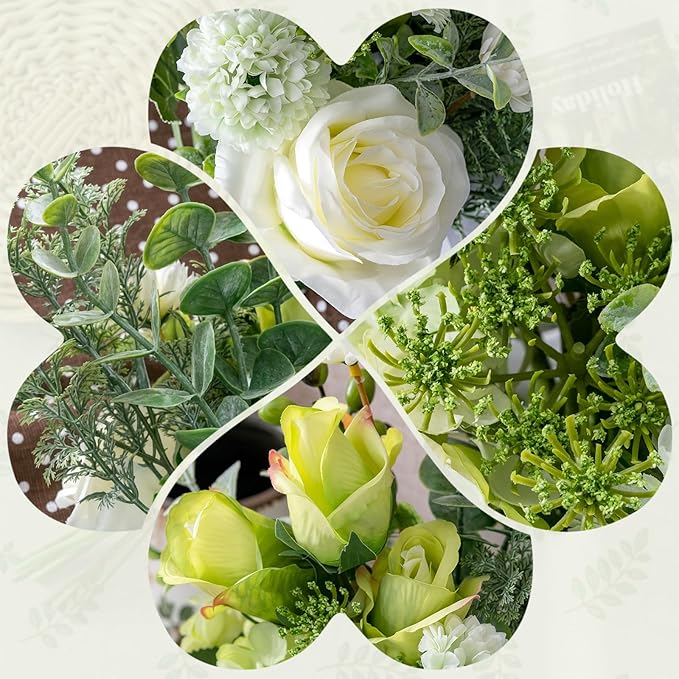 Small Faux Flower Bouquet in White Ceramic Vase (15.75" Tall) - Green & White Artificial Floral Arrangement for Coffee Table Centerpiece, Bathroom & Office Desk Decor