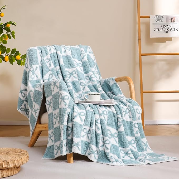 YIRUIO Blue Checkered Knit Throw Blanket - with Bow Pattern for Women Daughter & Son, 60x80 Twin Size Ultra Soft Microfiber Reversible,Fluffy Fuzzy Cozy Throw for Bed, Sofa & Couch, Home Decor
