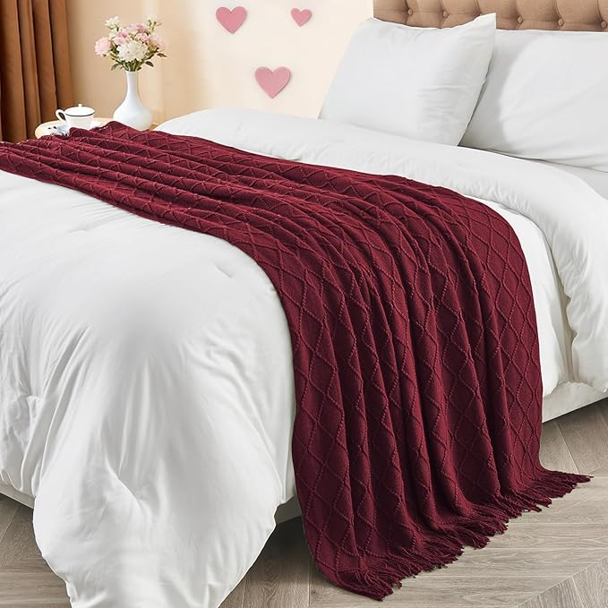 inhand Claret Knitted Throw Blanket for Couch Bed, Mothers Day/Mom Birthday Gifts for Mom from Daughter Son, Soft Lightweight with Tassels, Farmhouse Warm Decorative Blanket for Women, 50"x60"