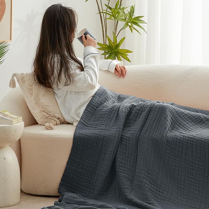 Love's cabin 100% Cotton Muslin Blanket, 6 Layer Lightweight Breathable Gauze Queen Size Blanket 90 x 90 Inches, Soft All Season Blanket for Bed, Dark Grey