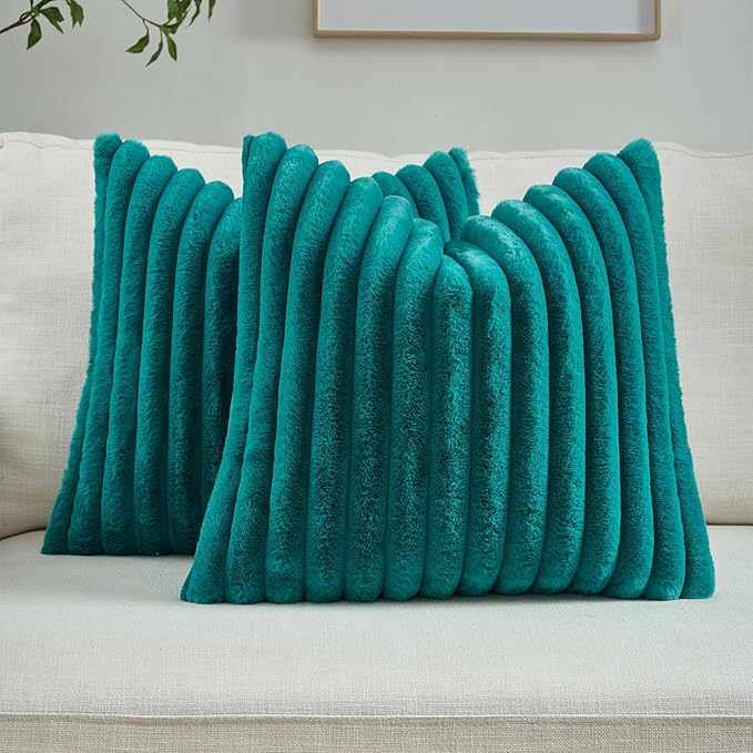 FUTEI Teal Green Decorative Throw Pillow Covers Set of 2, 26x26 Inch Soft Fluffy Faux Fur Plush Striped Euro Pillow Shams, Modern Home Decor for Couch Bed Living Room
