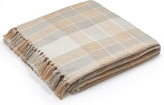 Americanflat 50x60 Throw Blanket - Soft and Breathable Cotton Throw Blanket for Couch, Bed, Chair - Decorative Blankets Perfect for Home, Office, or Outdoor Use - Camel and Beige Plaid Design