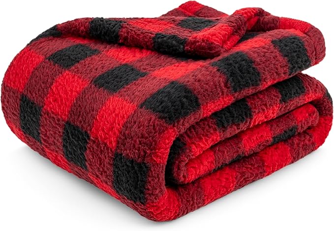 PAVILIA Sherpa Throw Blanket for Couch Sofa, Black Red Checkered Fluffy Warm Plush Blanket for Twin Bed, Cozy Super Soft Lightweight Throw, Fuzzy Decorative Blanket, All Season Home, 60x80