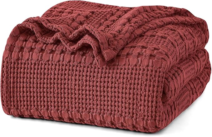 PHF 100% Cotton Waffle Weave Blanket Queen Size for Bed, Soft Lightweight & Breathable for Spring and Summer, All-Season Comfort, Luxury Aesthetic Blanket for Home Decor, 90"x90", Wine Red