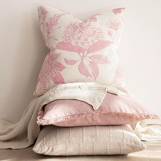 Foindtower Set of 2 Linen Floral Throw Pillow Covers Neutral Vintage Print Decorative Cozy Cushion Covers Farmhouse Boho Home Decor for Sofa Chair Couch Bedroom Living Room,18×18 Inch,Light Pink