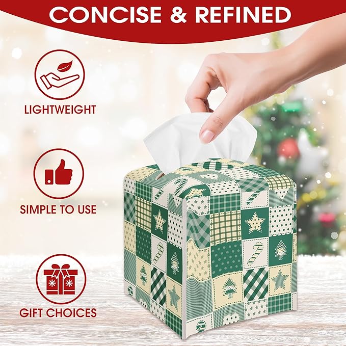 Christmas Patchwork Print Design Tissue Box Cover Holder, Green Waterproof Tissue Box Cover Square, Xmas Gift Ideas for Family Friends, Bathroom Kitchen Car Office Home Decor(5.2 Inches)-B20