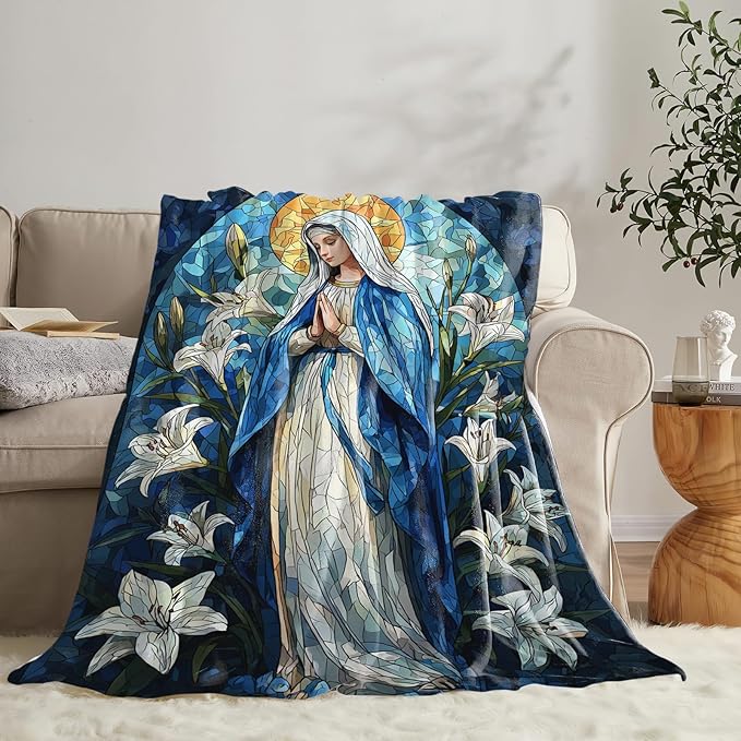 Virgin Mary Blanket for Girls Women Men Adults Soft Cozy Fleece Christian Mother of God Throw Blankets Healing Catholic Gifts Warm Flannel Plush Lightweight Decor for Couch Bed Sofa 80"X60"