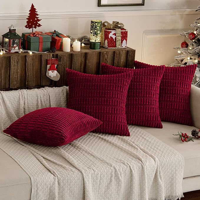 MIULEE Pack of 4 Christmas Wine Red Corduroy Decorative Throw Pillow Covers 18x18 Inch Soft Boho Striped Pillow Covers Modern Farmhouse Home Decor for Sofa Living Room Couch Bed
