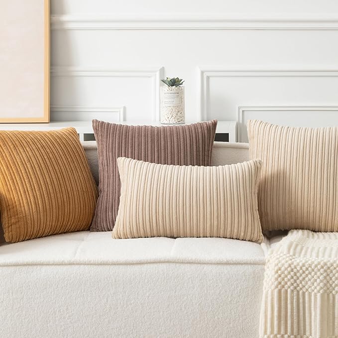 UGASA 12x24 Inch Pillow Cover Pack of 1 Soft Boho Stripe Corduroy Long Rectangular Lumbar Cushion Cover Farmhouse Decorative Throw Pillowcase for Bed, Couch, Sofa, Bedroom, Living Room, Beige
