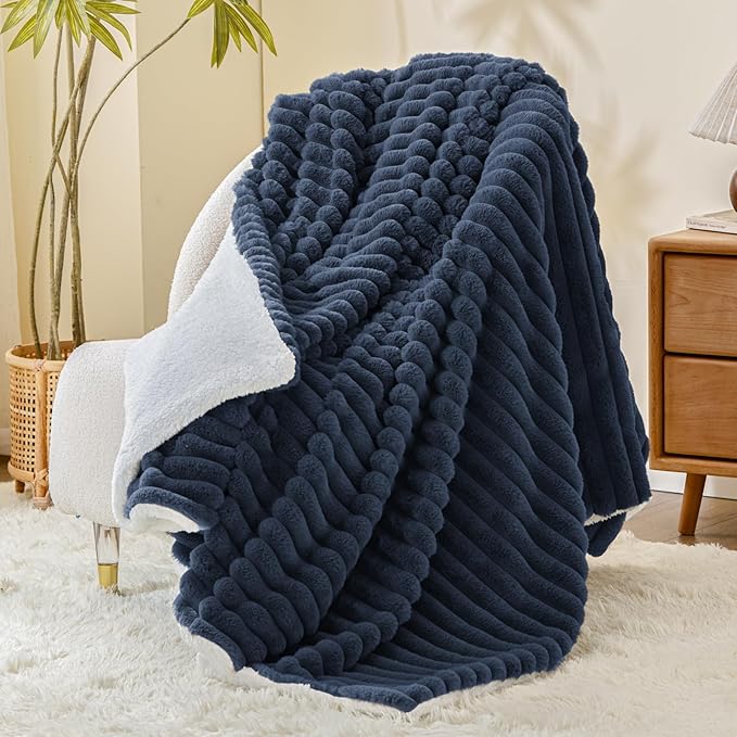 INFIIXSO Sherpa Throw Blanket for Couch - Super Soft & Warm Striped Fleece Blanket, Cozy Plush Fluffy Blanket All Season Use (Navy Blue, 50x60 Inches)