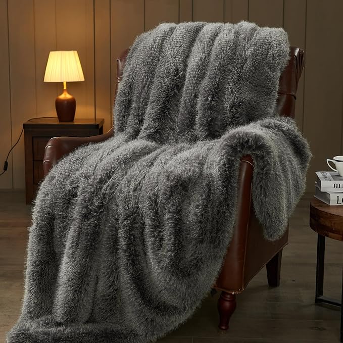 NEWCOSPLAY Faux Fur Throw Blanket Black White Luxury Fluffy Thick Warm Blanket for Couch Sofa Bed 1000GSM (Black White Thick, Throw(50"x60"))