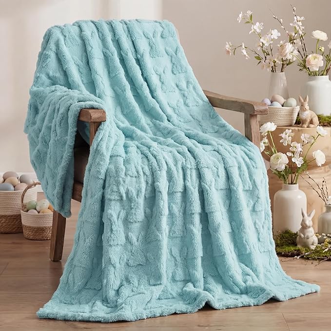 Horaldaily Easter Solid Blanket Throw, Blue Rabbits Soft Fuzzy Plush Faux Fur Cozy Blankets for Couch Sofa Bed Lounging, Ideal Gifts for Kids Adults Wife Self, 60x80