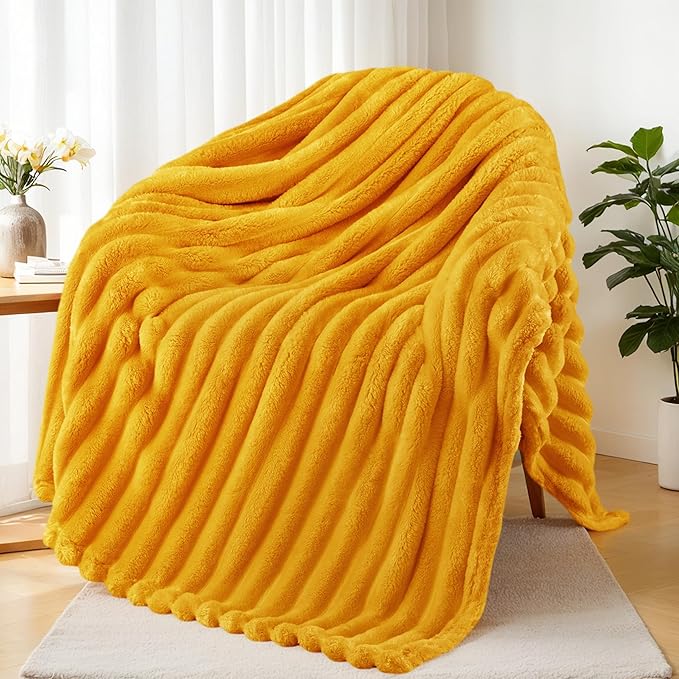 Exclusivo Mezcla Fleece Throw Blanket for Couch, Super Soft Striped Jacquard Bed Blanket, Lightweight Fuzzy Cozy for All Seasons, 50x60 Inches, Mustard Yellow